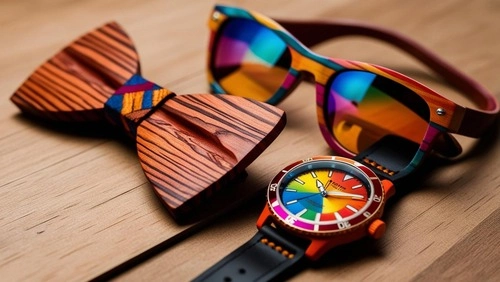 NOEUD PAPILLON EN BOIS LUNETTES SOLEIL ET MONTRE MASCULINE COLOREE